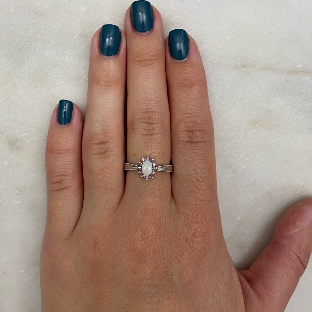 Opal, pink sapphire, and diamond ring